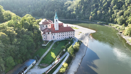 Germany, Bavaria, Kelheim,  Aerial view of Weltenburg Monastery, Benedictine Abbey, on the Danube © David Brown