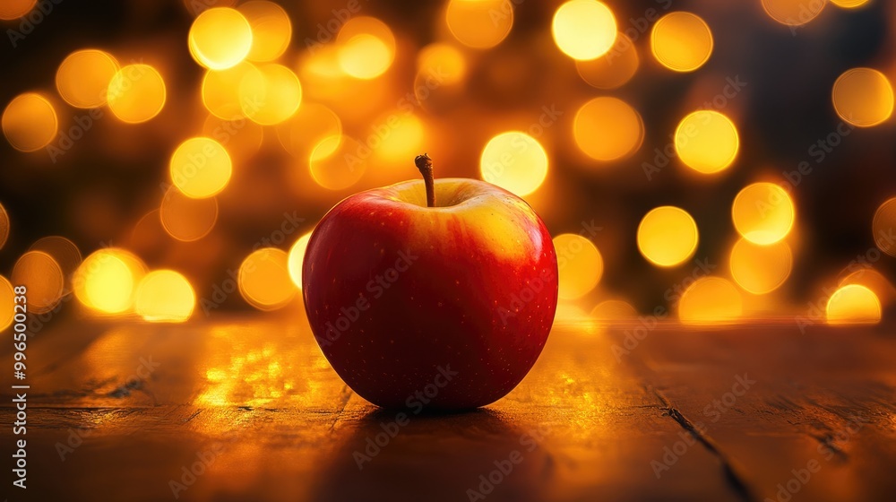Poster a red apple rests on a table highlighted by warm cafe lighting and a bokeh backdrop evoking a cozy a