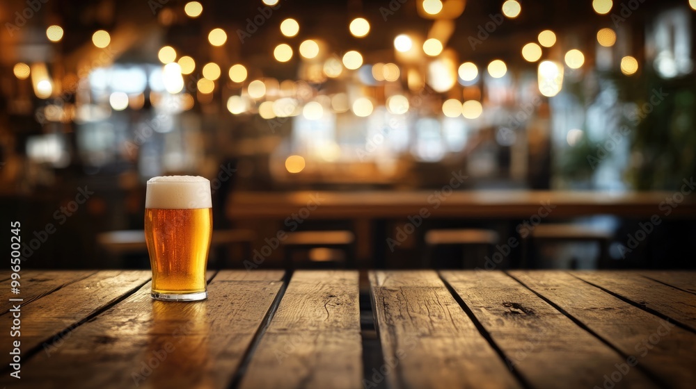 Poster empty wooden table with a glass of light beer set against a defocused background featuring bokeh lig