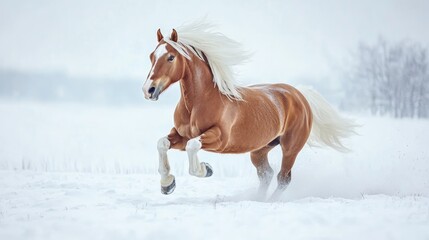 A red Haflinger horse with a white mane gallops through a snowy field showcasing dynamic movement and freedom in a winter landscape Concept equestrian sport