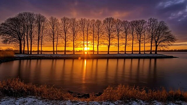 beautiful view of leafless trees on the edge of the lake footage
