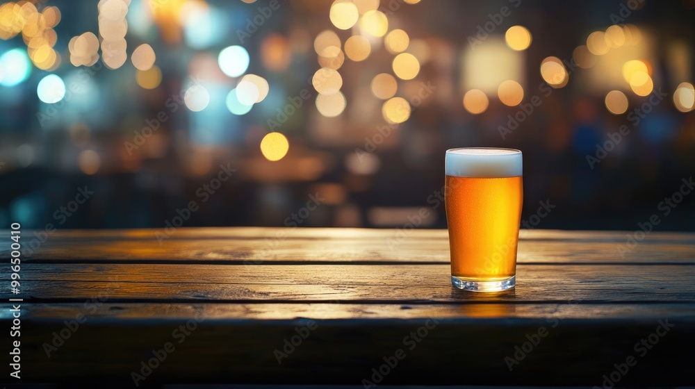 Poster empty wooden table with a glass of light beer set against a defocused background featuring bokeh lig