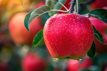 Obraz premium A red apple with a green stem and leaves