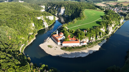Germany, Bavaria, Kelheim,  Aerial view of Weltenburg Monastery, Benedictine Abbey, on the Danube © David Brown