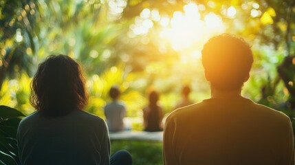 Support group gathering in a natural setting promoting healing and relaxation focused on mental health featuring a blurred backdrop with ample copy space