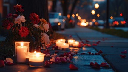 Vigil featuring candles and flowers on a sidewalk during nighttime