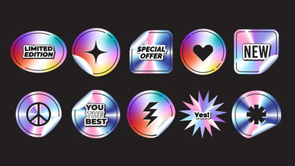 Set of 10 holographic y2k stickers. Retro futuristic hologram labels of different shapes. Shiny iridescent vector emblems. Rainbow colourfrul tags.