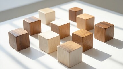 Fototapeta premium Fifteen wooden play cubes arranged on a white surface