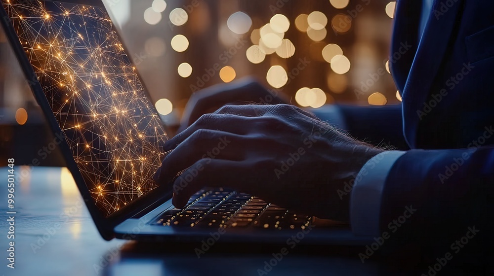 Poster man typing on laptop with abstract network display