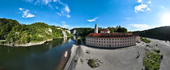 Aerial view of Weltenburg Monastery, Benedictine Abbey, on the Danube, Kelheim, Bavaria, Germany © David Brown