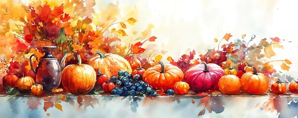 Thanksgiving table with harvest vegetables, vibrant autumn colors, festive setting, Watercolor style