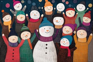 Whimsical Chalk Pastel Drawing of Joyful Winter Celebration