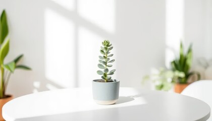 Minimalist Sunlit Succulent on White Table with Soft Natural Light