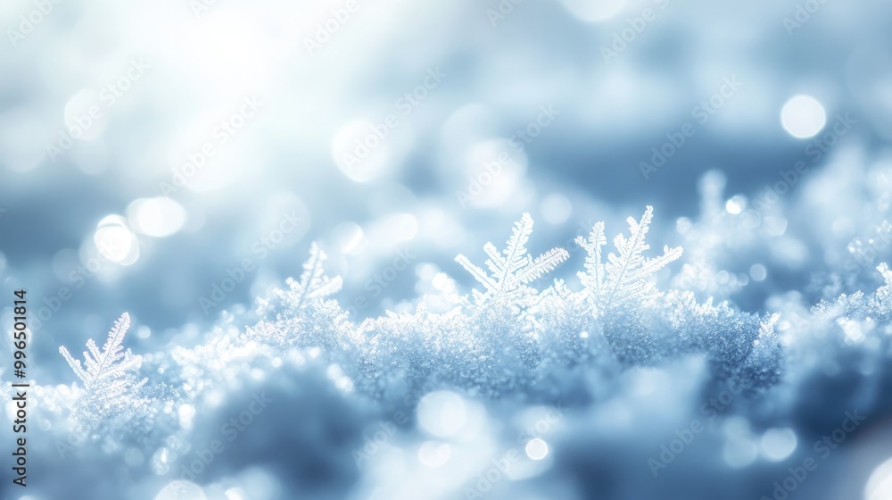 Poster blurred winter snow backdrop featuring abstract ice frost and hoarfrost crystals macro view of snowf
