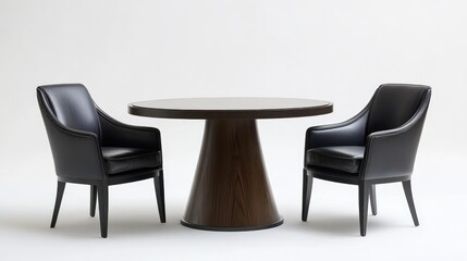 Fototapeta premium Contemporary round dining table accompanied by three stylish black leather chairs on a white background