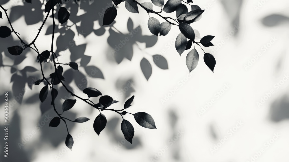 Poster gray silhouette of hawthorn leaves cast on a white wall abstract nature inspired blurred background 