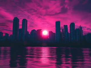 Fototapeta premium Stunning city skyline during a vibrant magenta sunset reflected in the water, creating a surreal and enchanting urban landscape.