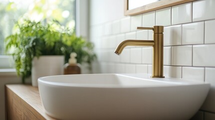 Brushed brass tap mixer set on a wooden vanity with a white basin against a white tiled wall in a contemporary bathroom illuminated by natural light from a nearby window