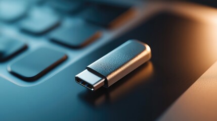 Fototapeta premium Close up of a metal USB flash drive plugged into a laptop
