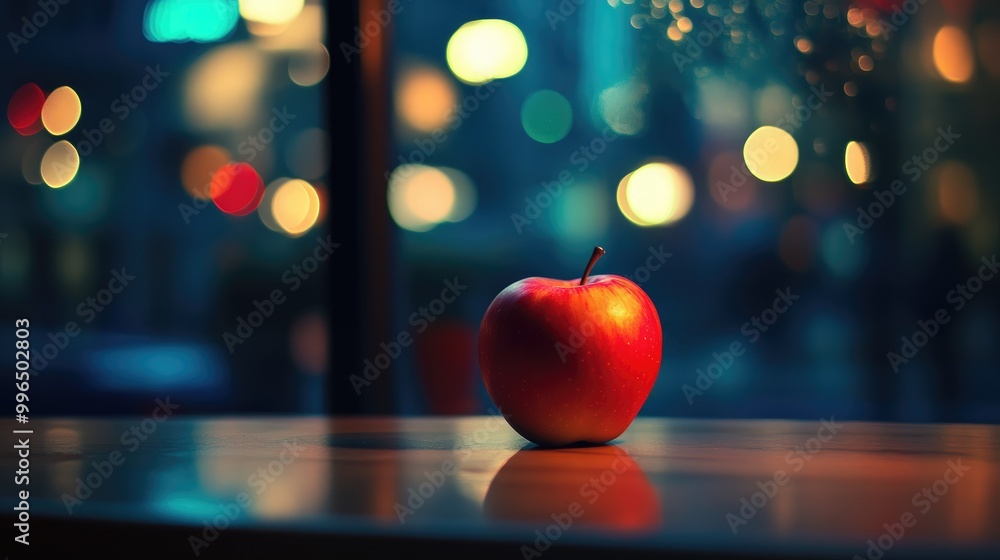 Poster a red apple rests on a table highlighted by warm cafe lighting and a bokeh backdrop evoking a cozy a