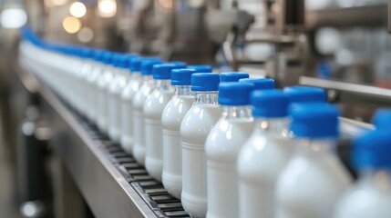 Obraz premium Milk filling equipment with bottles on a conveyor part of industrial dairy machinery Bottles featuring blue caps move along the factory conveyor system