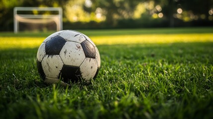 Fototapeta premium A classic black and white soccer ball sits on vibrant green grass, showing light wear. The background features a goalpost, hinting at a playful soccer activity in a sunny park