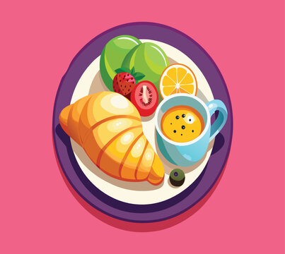 breakfast plate with croissant, fruits, and coffee clip art preview