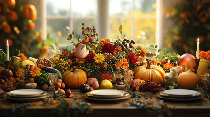 Autumn harvest table for Thanksgiving, earthy tones, fall vegetables and flowers, 3D illustration