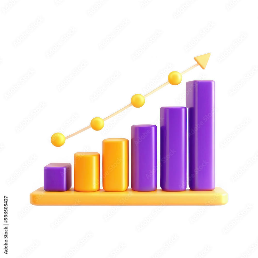 Aufkleber A colorful 3D bar graph displaying increasing values with a line chart overlay. The graph consists of purple and orange bars, emphasizing growth.