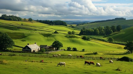 Obraz premium nice field with cows and houses, green field