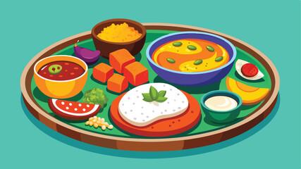 A vector of a traditional Indian thali platter. The plate should include colorful dishes like rice, curry, naan bread, and a side of raita. The foods should be neatly arranged on the plate,