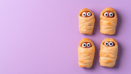 Lustige Halloween Snacks, Hotdogs oder W&uuml;rstchen im Bl&auml;tterteig, dekoriert als Mumien mit Augen, auf lila Hintergrund, Party Fingerfood f&uuml;r Halloween mit Platz f&uuml;r Text