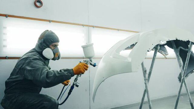 Professional painting of a car bumper in a workshop during the day