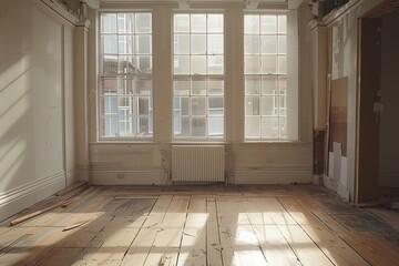 Fototapeta premium A large empty room with three windows and a radiator, generative ai image