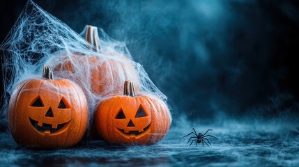 Spooky Halloween Pumpkins with Spiderweb and Fog