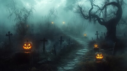 Spooky Halloween Trail through Misty Graveyard with Glowing Jack-o'-lanterns and Twisted Trees