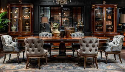 Elegant vintage dining room with a milos table, tufted chairs, and armchairs in a luxurious setting