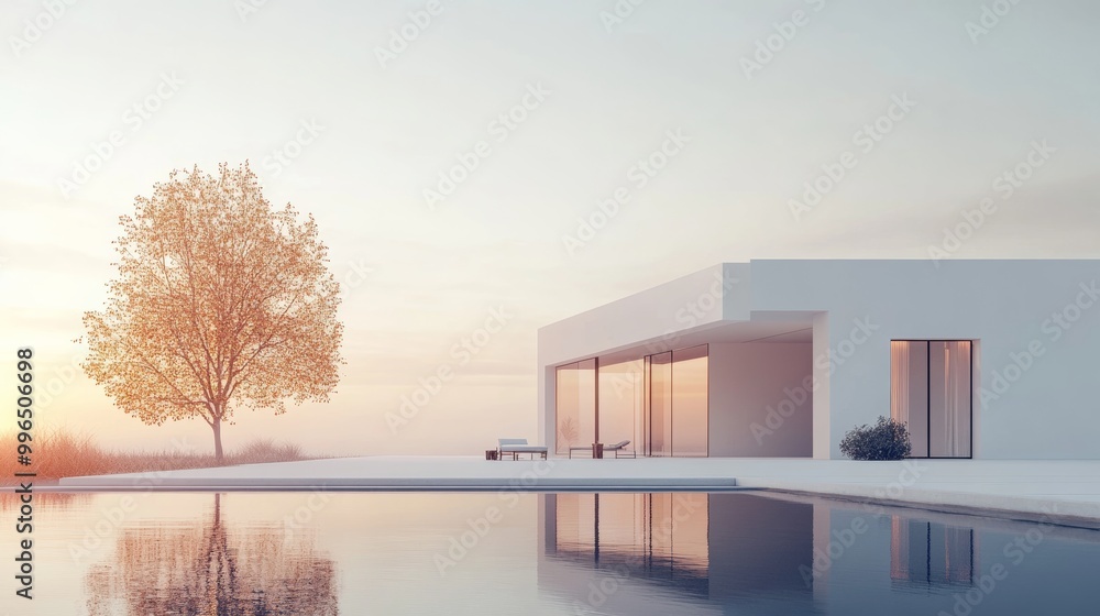 Poster a minimalistic 3d rendering of a house with a garden, emphasizing tranquility and peace, on a soft c