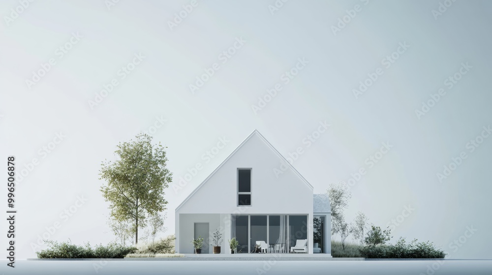 Poster a minimalistic 3d rendering of a house with a garden, emphasizing tranquility and peace, on a soft c