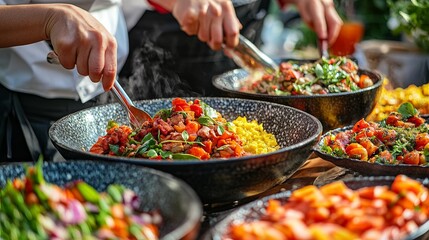 Obraz premium Diverse Chefs Showcasing Colorful Global Cuisines with Vibrant Presentation