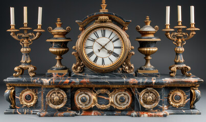 Ornate black marble clock set with brass inlay and gilded candelabras in vintage style