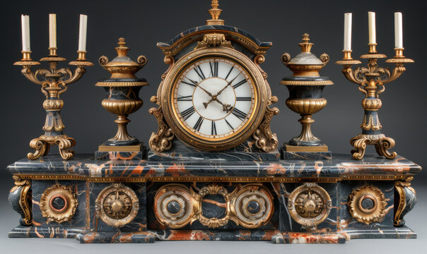 Ornate black marble clock set with brass inlay and gilded candelabras in vintage style