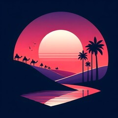 A sunset with mountains and palm trees wallpaper 