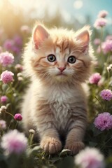 Charming Friendly Fluffy Kitten Cozy Sitting in a Flower Field Under Beautiful Lighting