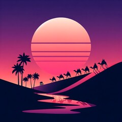 A sunset with mountains and palm trees wallpaper 