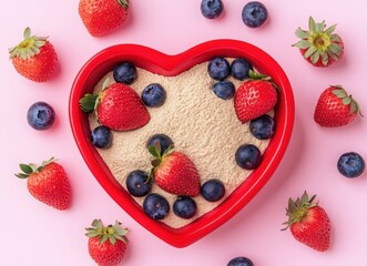 red bowl filled with granola, strawberries, and blueberries on a pastel pink tablecloth background. A healthy breakfast concept for Valentine's Day. Copy space for menu food template. Oatmeal porridge