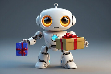 Cute Little Friendly White Robot Holding a Christmas Gift Ready for Delivery