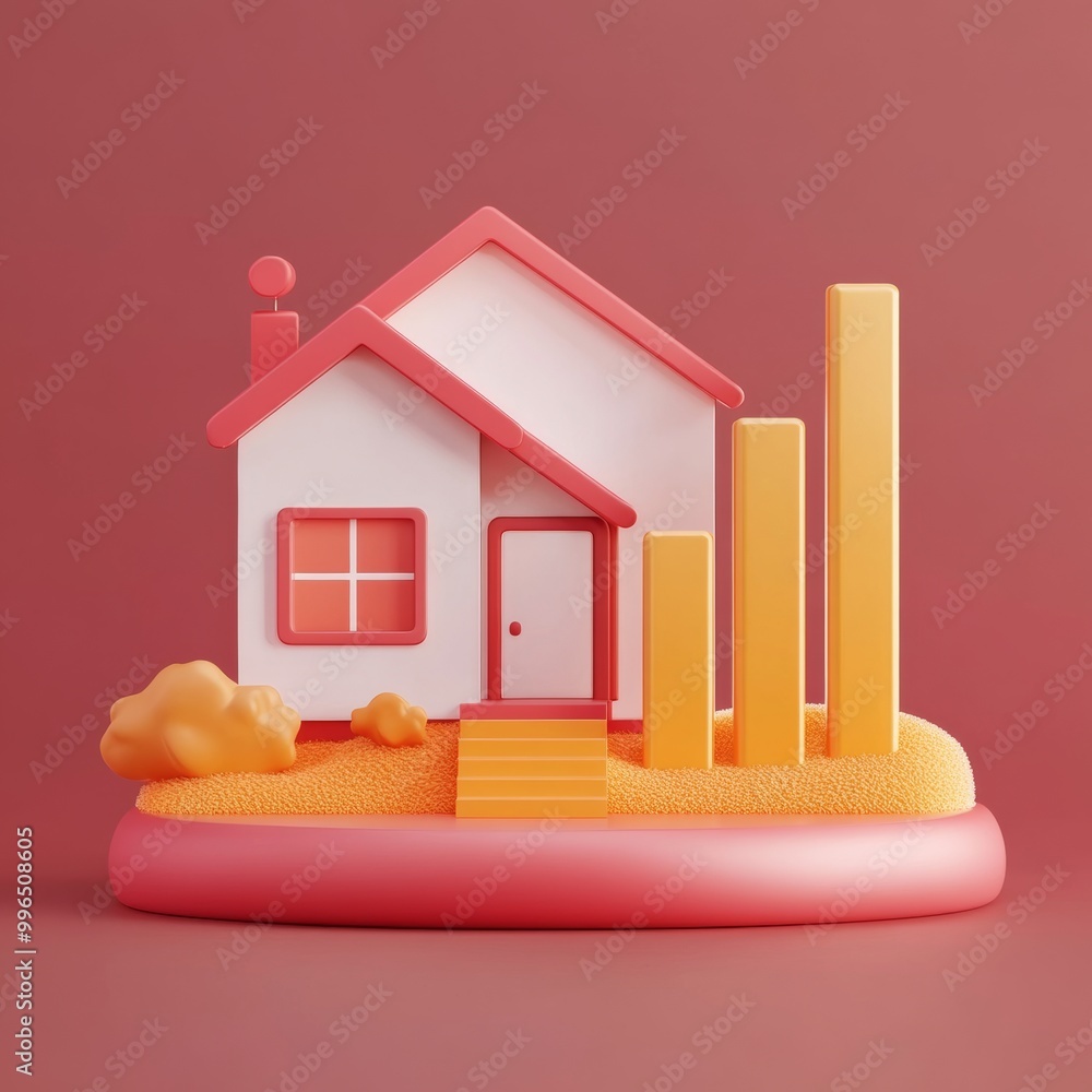 Poster a professional 3d icon of a house with a bar graph, representing property value growth, rendered in 