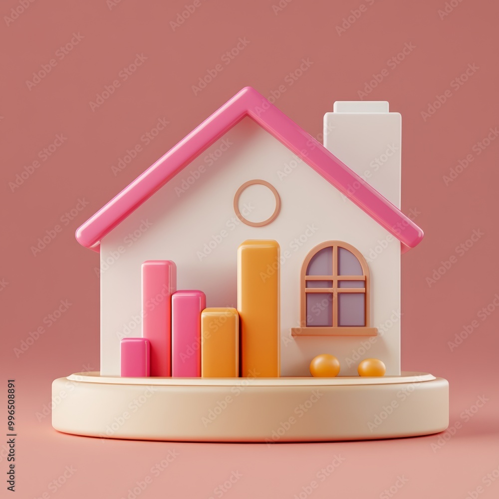 Poster a professional 3d icon of a house with a bar graph, representing property value growth, rendered in 