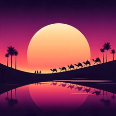 A sunset with mountains and palm trees wallpaper 
